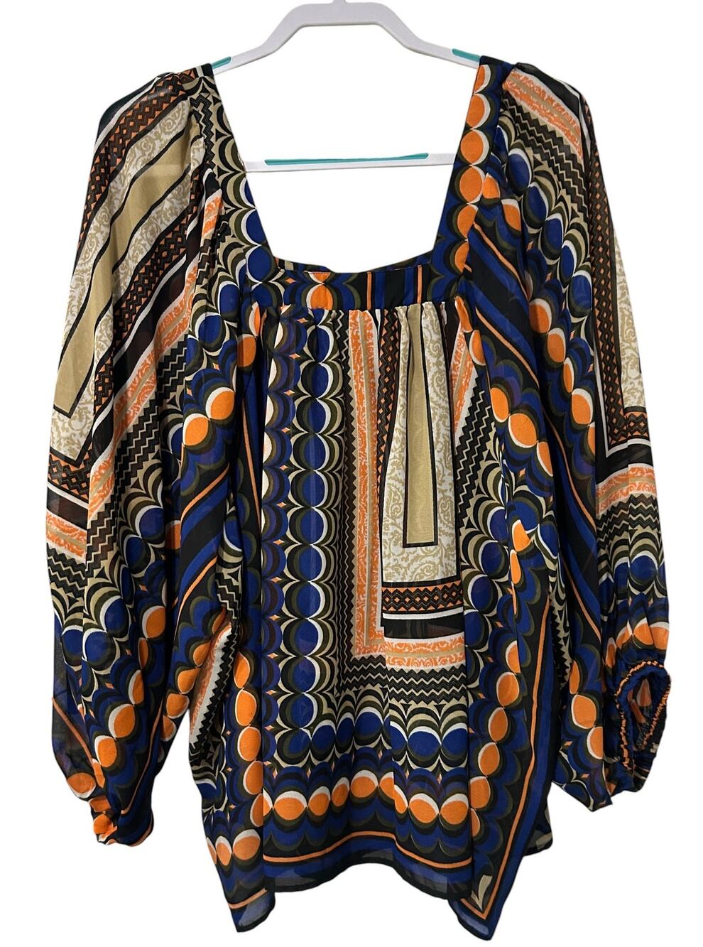 Ashley Stewart Retro Geometric Scarf Print Tunic Blouse Square Neck 26/28 4X